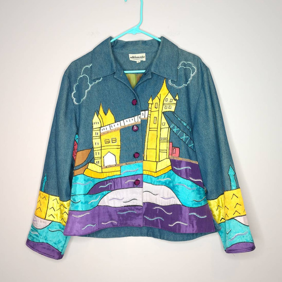 Vintage Jackets & Blazers - Vintage Jean Jacket Castle Bridge River Patchwork Blue Yellow Purple Large